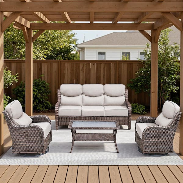 Arcadia Brown 4-Piece Wicker Patio Conversation Set with Swivel Gliders and 6 in. Thick Olefin Beige Cushions