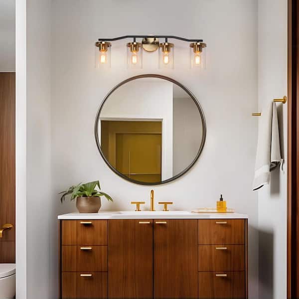 28 in. 4-Light Brass Gold Bathroom Vanity Light, Modern Black Bath Lighting, Clear Glass Farmhouse Wall Sconce