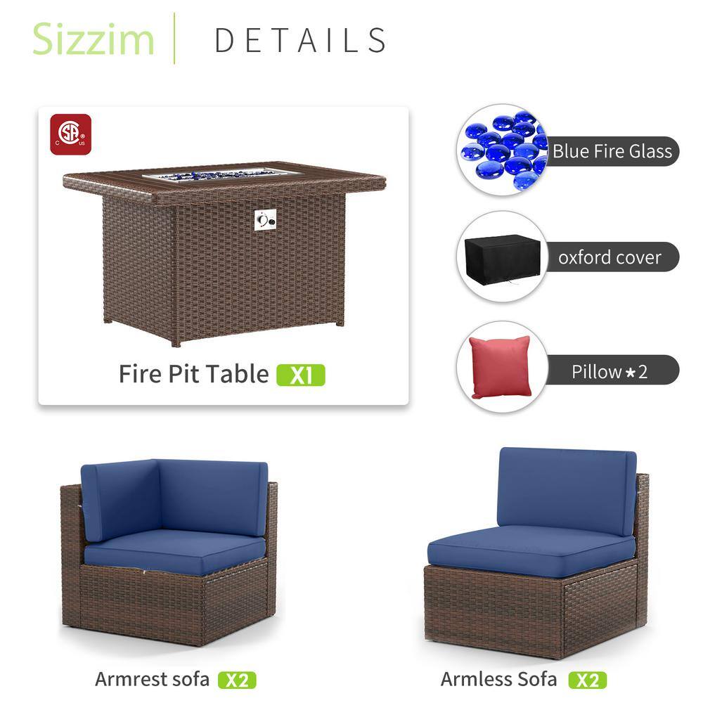 Brown Wicker 5-Piece Patio Set with Blue Cushions and Fire Pit