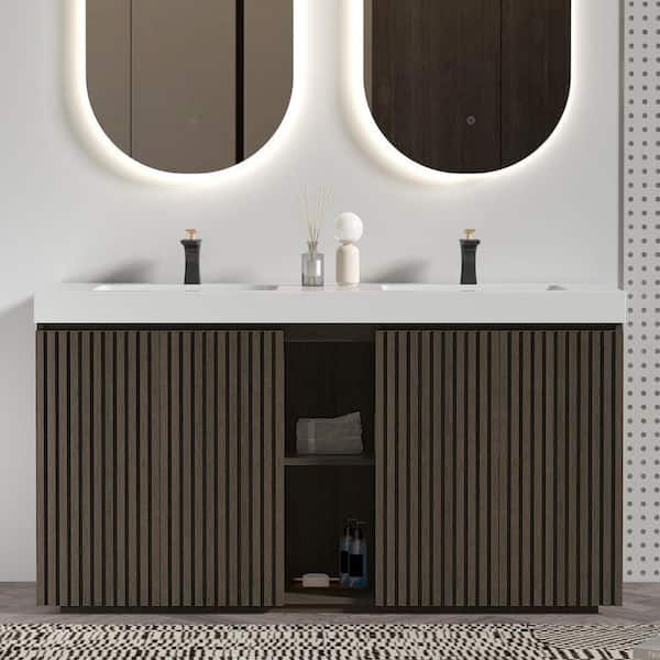 60 in. Large Storage Double Sink Freestanding Walnut Bath Vanity with White Solid Surface Top