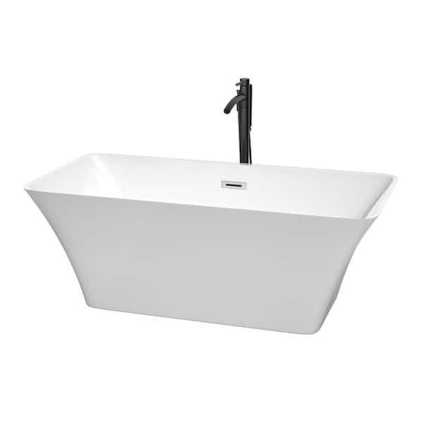 Wyndham Collection Tiffany 59 in. Acrylic Flatbottom Bathtub in White with Polished Chrome Trim and Matte Black Faucet