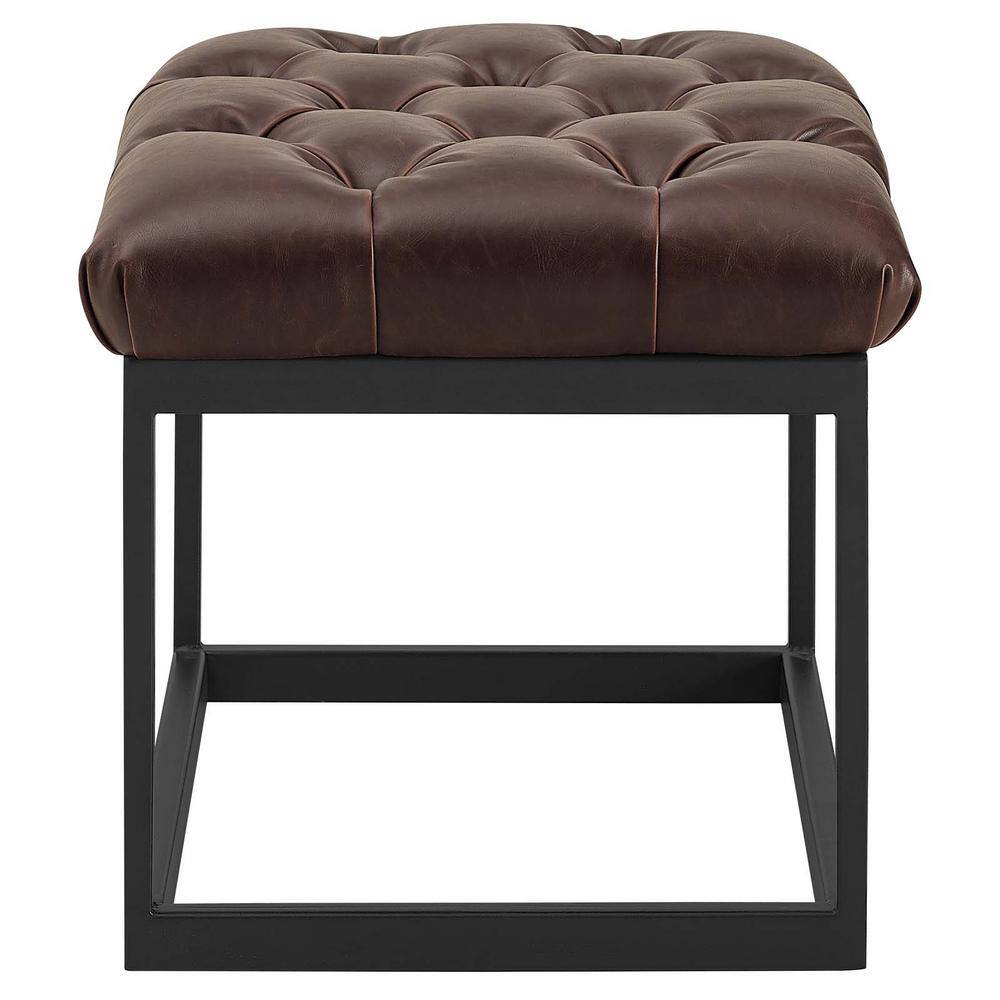 Brown Tufted Faux Leather Ottoman with Black Iron Base