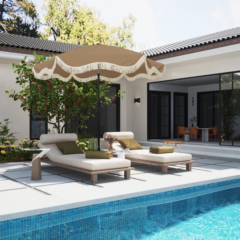 all modern patio umbrellas Mondawe 9 ft. Tassel Market Patio Umbrella with Full Fiberglass Rib in Tan  MO0102QDLS9TN