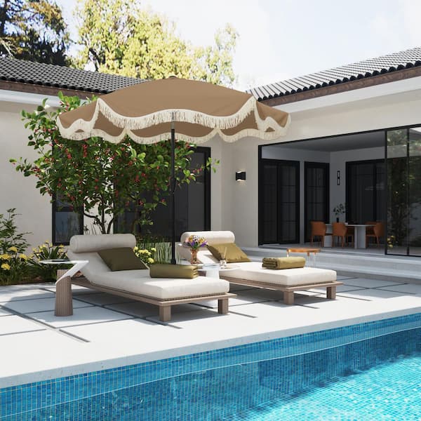 9 ft. Tassel Market Patio Umbrella with Full Fiberglass Rib in Tan