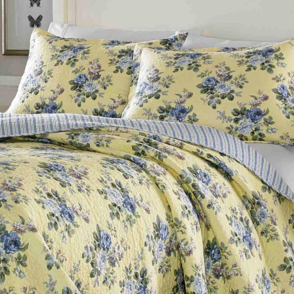 Linley Blue Floral Cotton King Reversible Quilt Set