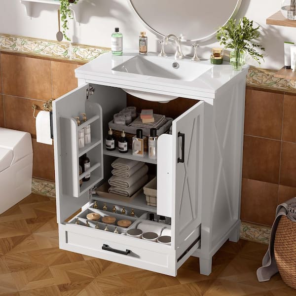 24 in. Freestanding White Bath Vanity with White Ceramic Top Soft-Close Doors and Dual Storage Shelves, Drawer