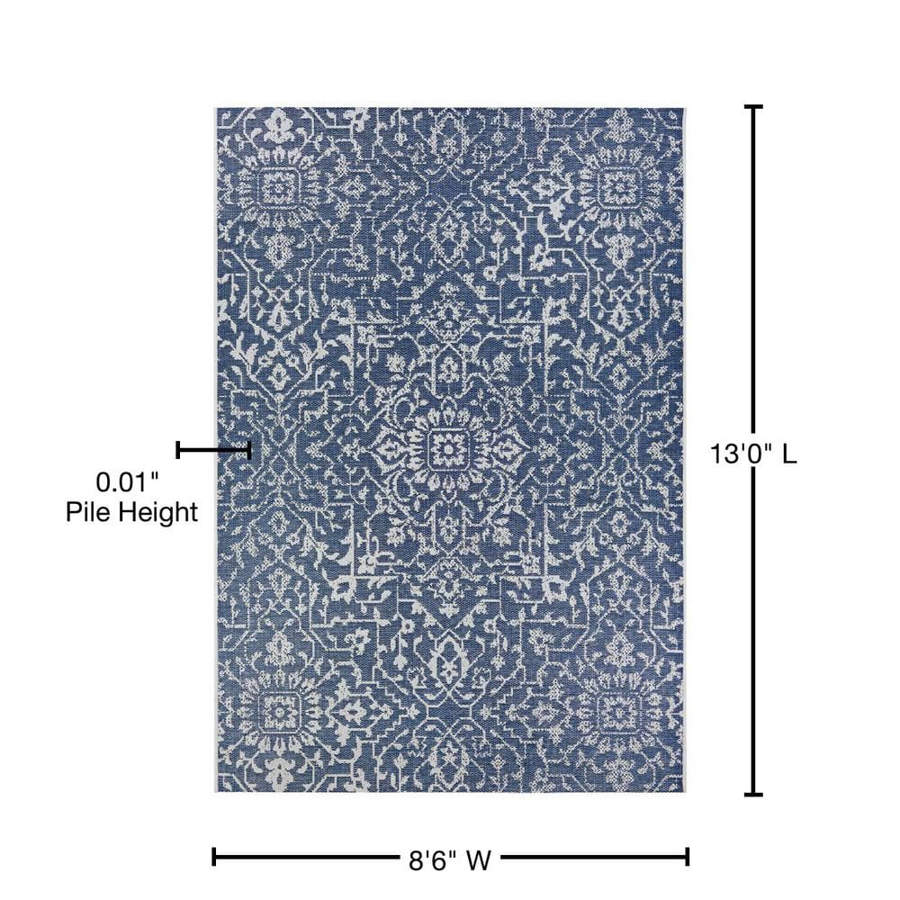 Navy-Ivory Floral Flatwoven Wool-Blend 8'6" x 13' Area Rug