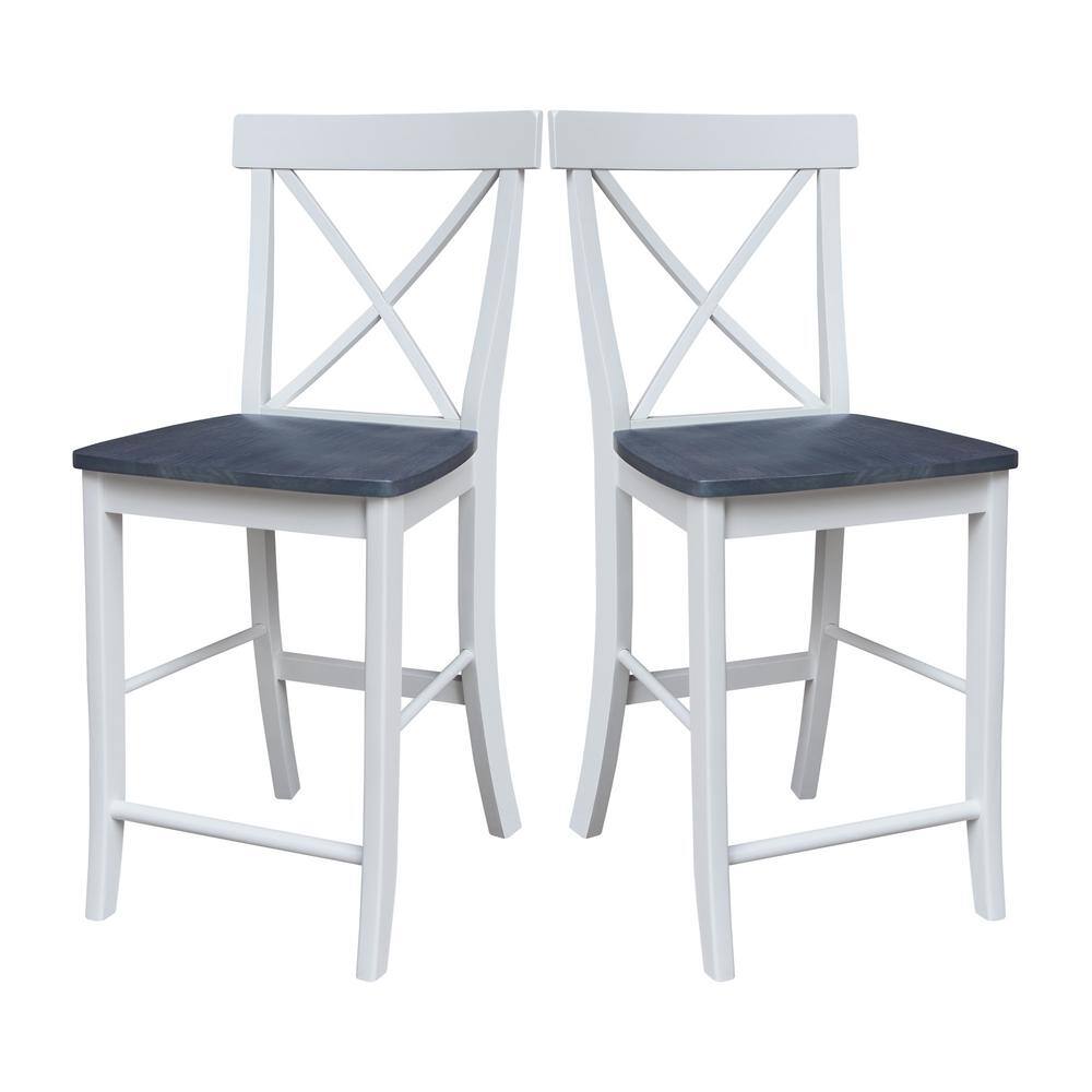 Elegant X-Back Solid Parawood Counter Stool, White and Heather Gray