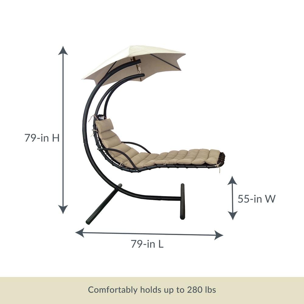 Khaki Hanging Chaise Lounge Chair with Cushions and Umbrella