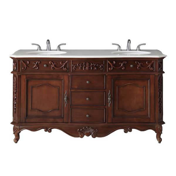 Winslow 60 in. Double Sink Freestanding Antique Cherry Bath Vanity with White Marble Top (Assembled)