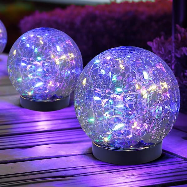 Solar Outdoor Waterproof Multi-Colored Cracked Glass Ball Lights, 2 Pack