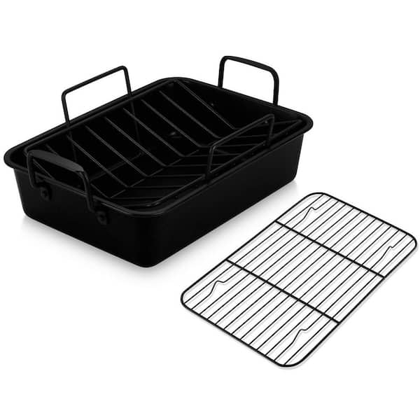 9 qt. Black Stainless Steel Roasting Pan with V-Shaped and Cooling Rack, 14 in. Nonstick Deep Broiler Pan with Handles