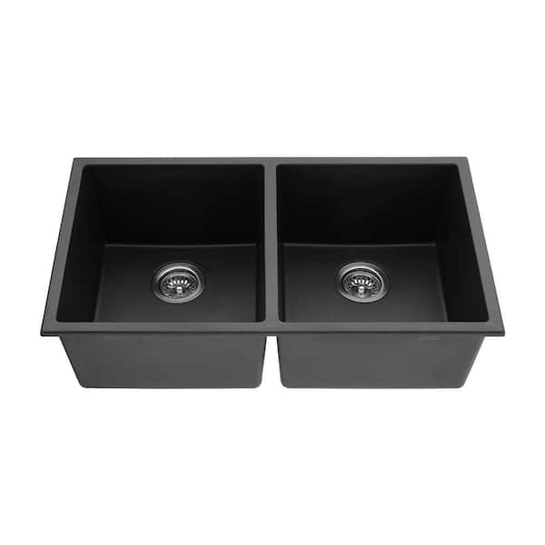 EPOWP 32 in. Undermount Double Bowl Black Quartz Kitchen Sink without