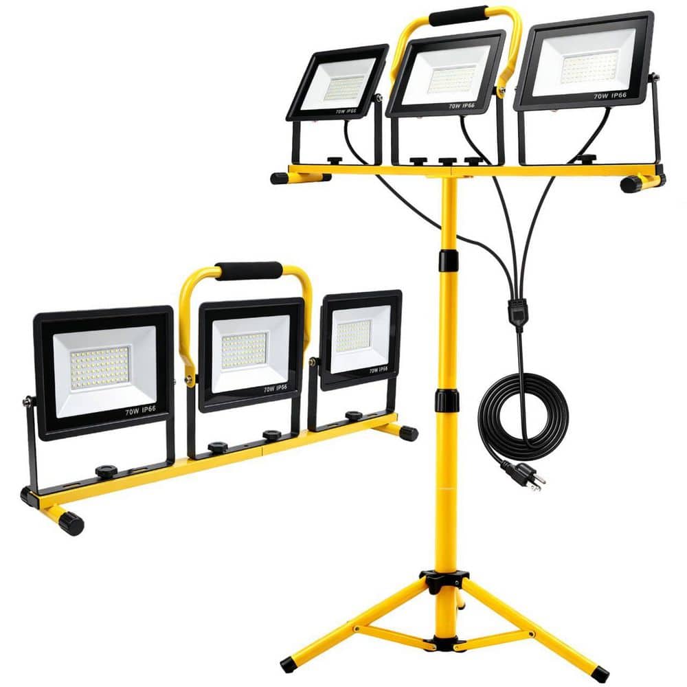 210W 21000 Lumen LED Work Lights,110V 3-Head Adjustable, Waterproof, 6500K, Foldable Tripod Stand, Individual Switch