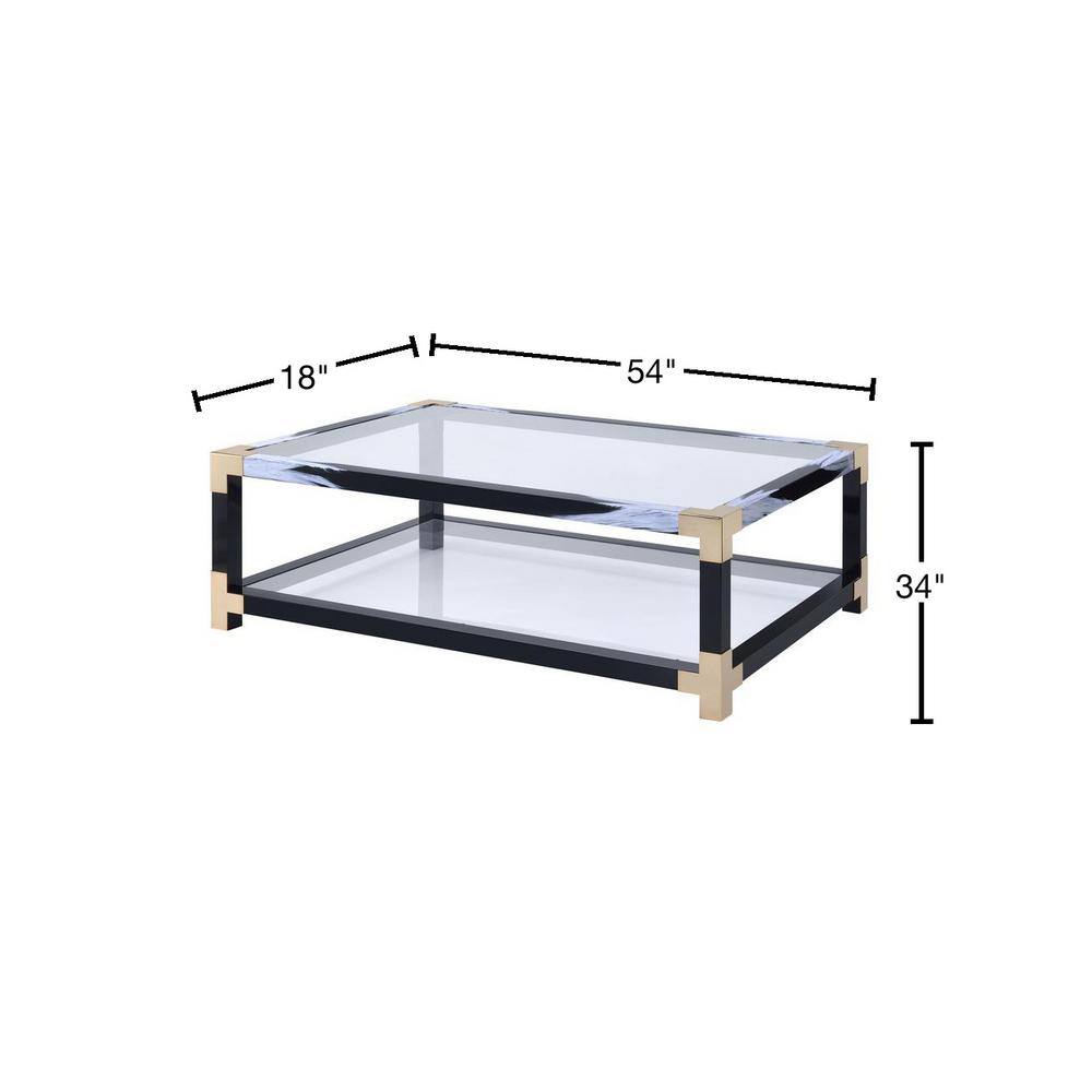 Black and Gold Rectangular Glass Coffee Table with Storage Shelf