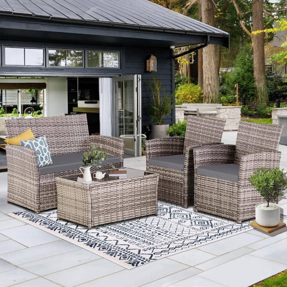 Home Depot Patio Furniture Not Wicker JUSKYS Gray 4-Piece Wicker Outdoor  Patio Conversation Furniture, image size:1000x1000
