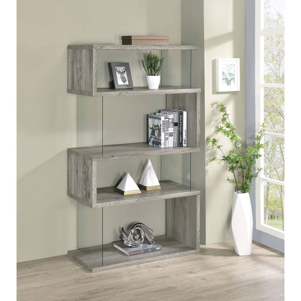 Zigzag Contemporary 63" Gray Wood Bookcase with Glass Panels