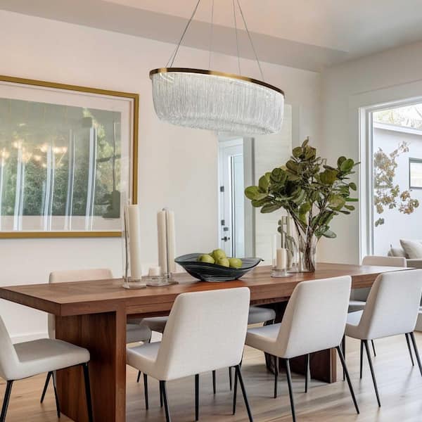 Shoebill 1-Light Integrated LED Plating Brass Oval Chandelier with Silver Metal Chain Tassel Accents for Dining Room