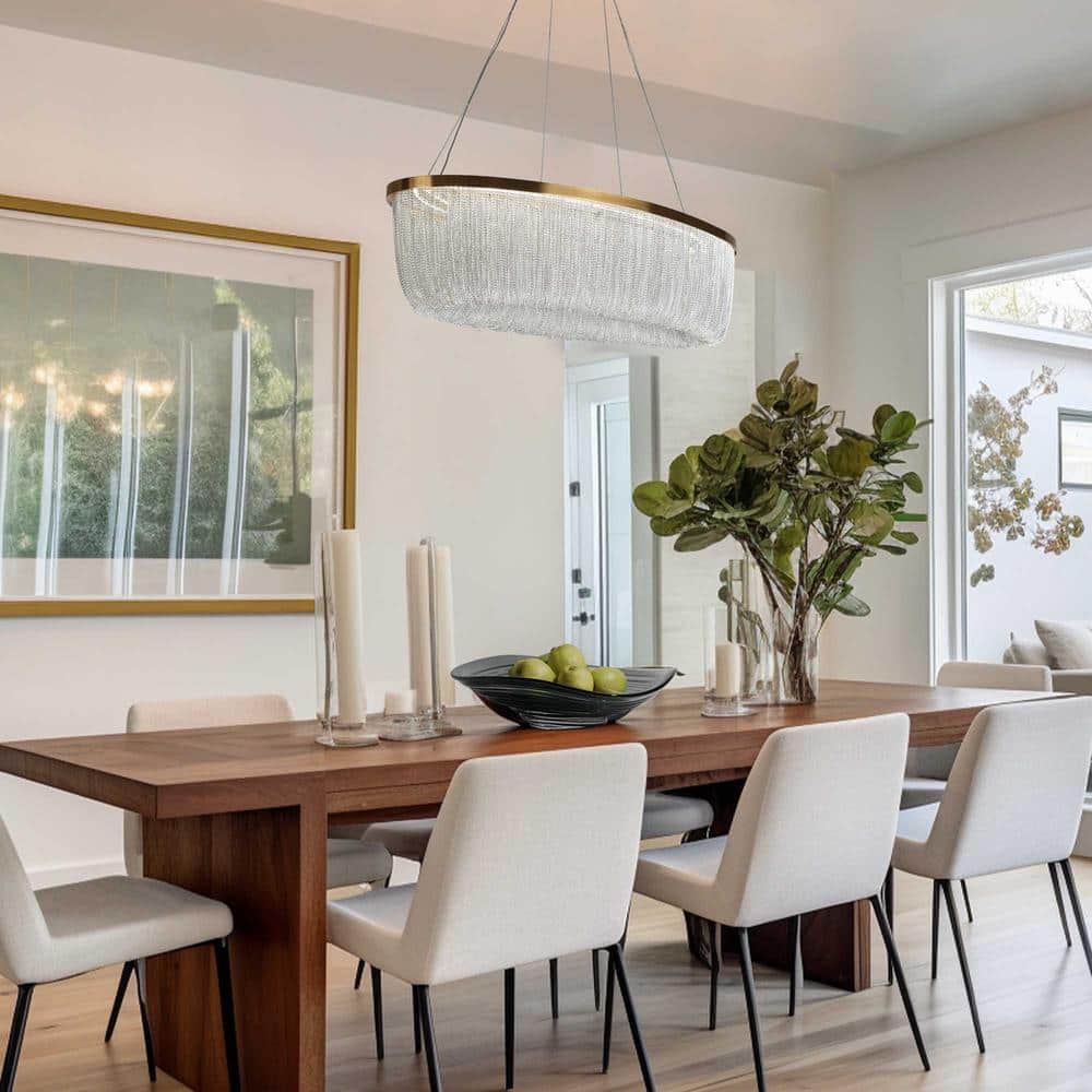 Brass Oval LED Chandelier with Metal Tassel Accents