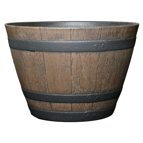 15 in. Dia x 10.15 in. H Walnut Brown Plastic 5 Gallons Round Whiskey Barrel Planter