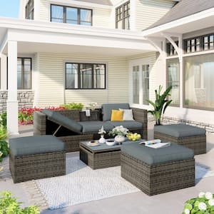 5-Piece Wicker Patio Conversation Set with Gray Cushions and Coffee Table