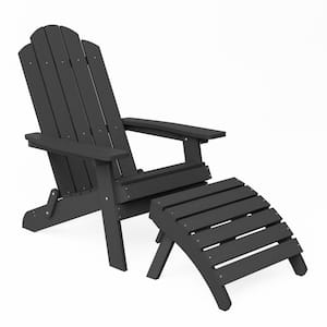 Black Plastic Outdoor Patio Folding Adirondack Chair with Ottoman