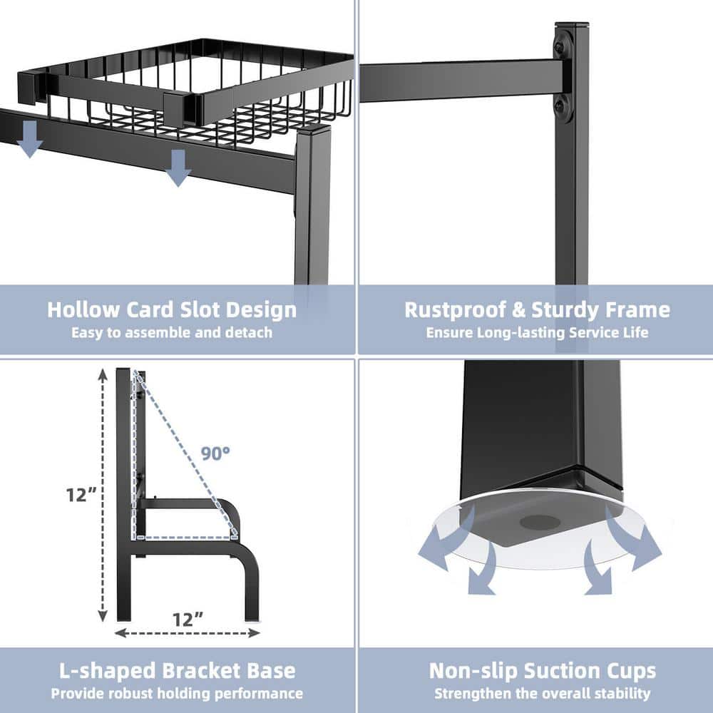 Adjustable Black Steel Over Sink Dish Drying Rack with Hooks