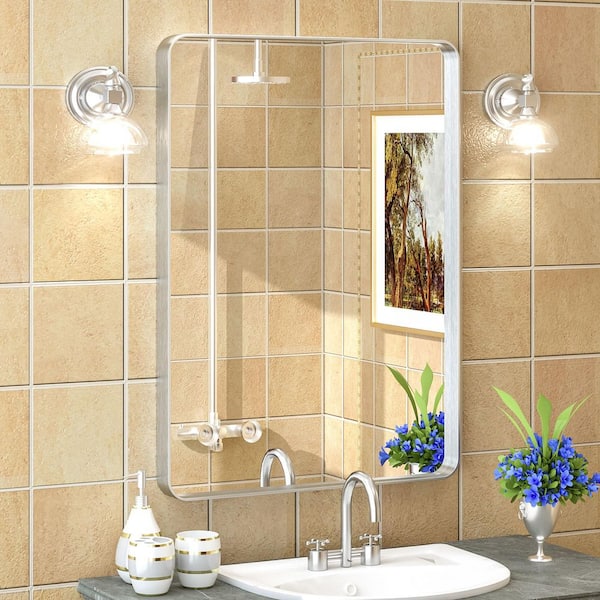 Apmir 22 in. W x 30 in. H Rectangular Aluminum Alloy Framed and Tempered Glass Wall Bathroom Vanity Mirror in Brushed Silver
