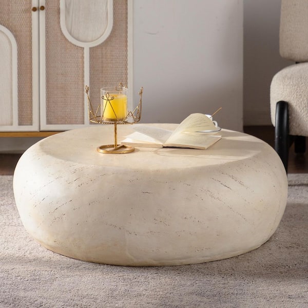 Mid-Century 35.43 in. Beige Round Magnesium Oxide Coffee Table with Drum-Shaped