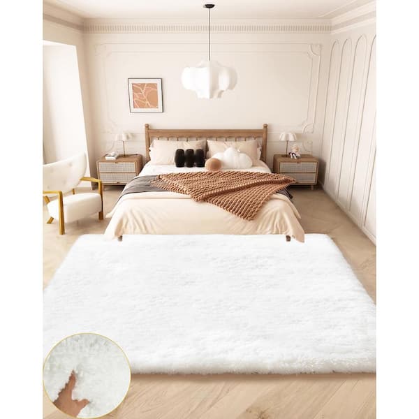 GHDG Solid Shag White 6 ft. x 9 ft. Cozy Plush Area Rug