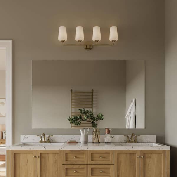 Celino 32.5 in. 4-Light Champagne Bronze Bathroom Vanity Light with White Glass Shade