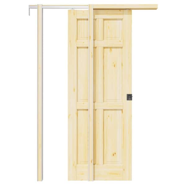 ARK DESIGN 30 in. x 80 in. Paneled 6-Lite Unfinished Pine Wood Sliding Pocket Door with Hardware (Soft Close and Black Lock Incl)