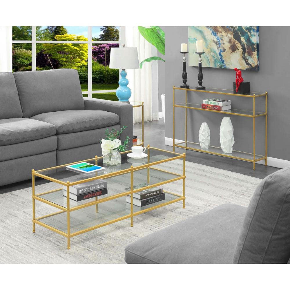Elegant Gold-Finish 3-Tier Glass Coffee Table, 48" Rectangular
