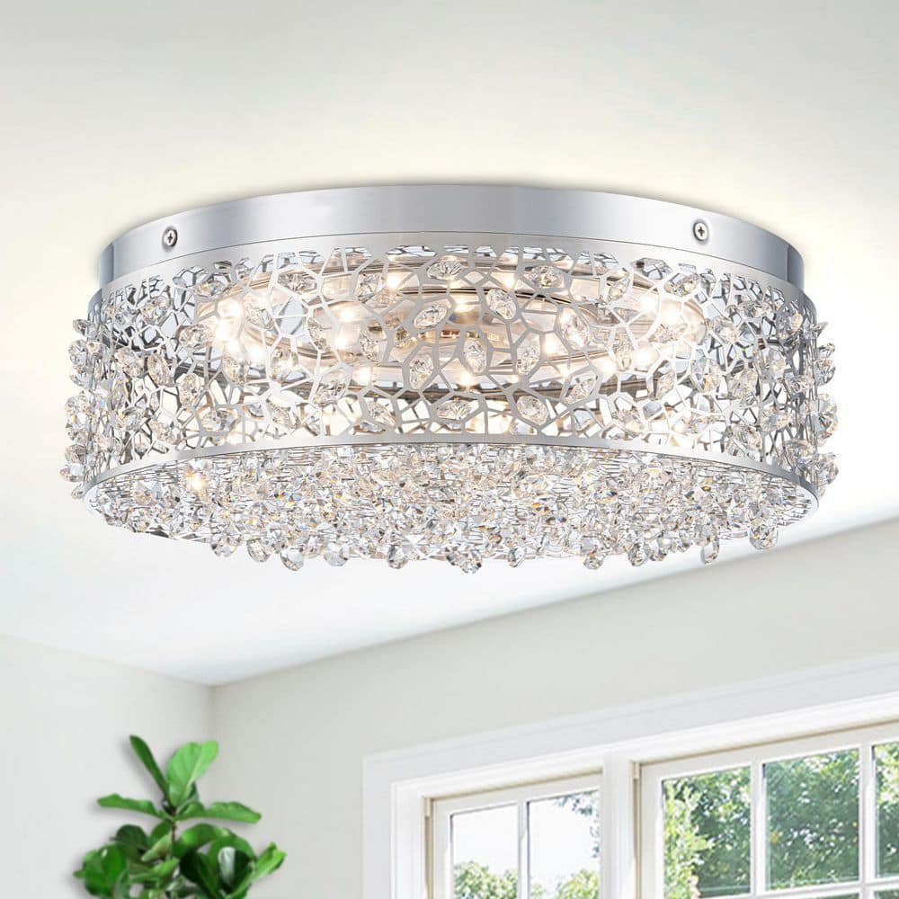 14.17 in. 20-Watt Modern Round Chrome and Crystal Integrated LED Flush Moun