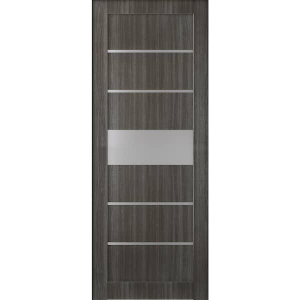18 in. x 80 in. Siah Gray Oak Finished Frosted Glass 5-Lite Solid Core Wood Composite Interior Door Slab No Bore