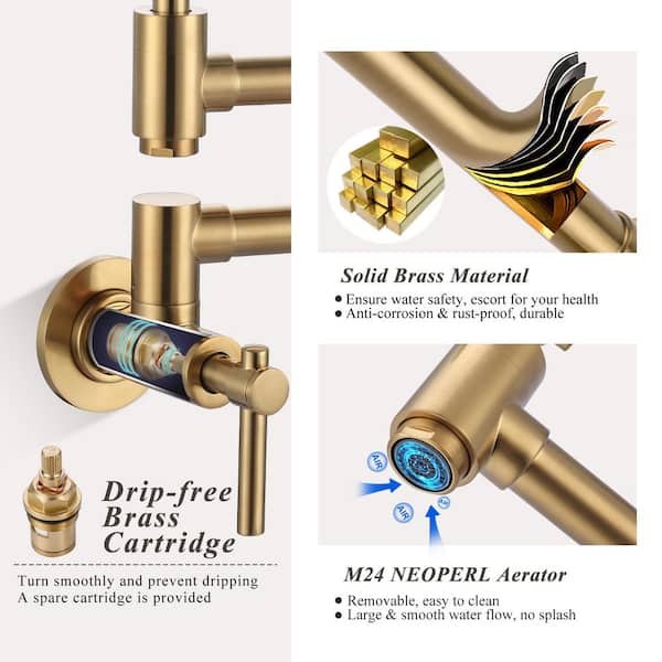 VAKITAP Brushed Gold Pot Filler, Brass Pot Filler Faucet Wall Mount, Potfiller, Traditional Pot Filler Over Stove With Double Joint Swing Arms, 3005-BG