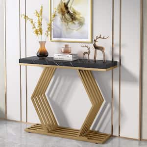 Turrella 42.5 in. Faux Marble Black & Gold Console Table with Gold Base, Geometric Entryway Sofa Table