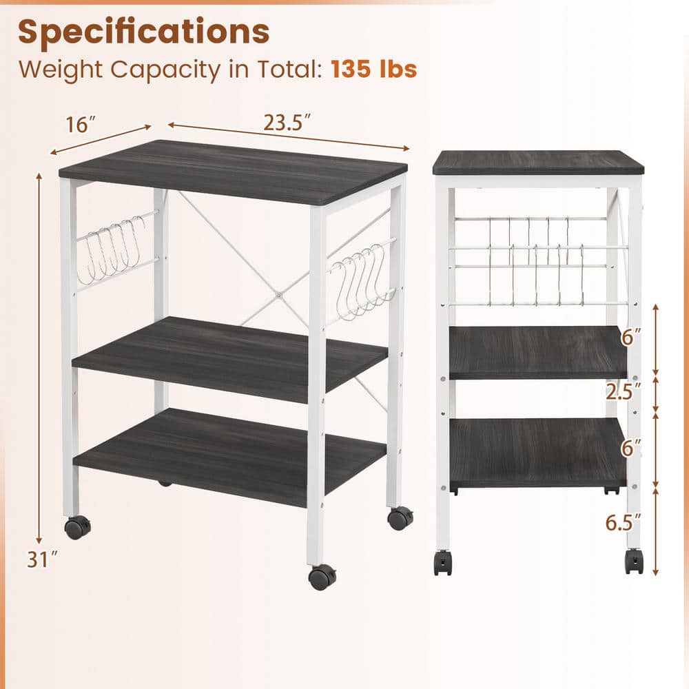 Brown 3-Tier Kitchen Cart with Storage and Hooks