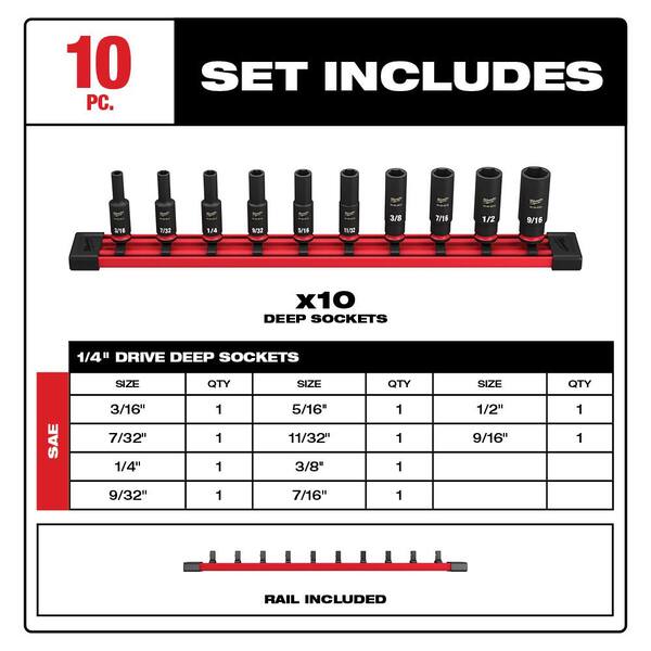 Milwaukee Shockwave 1 4 In Drive Sae Deep Well 6 Point Impact Socket Set 10 Piece 49 66 7001