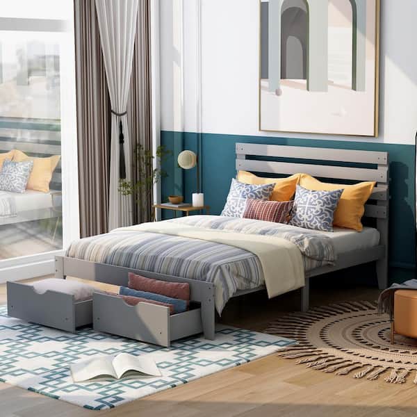 Polibi Gray Wood Frame Full Size Platform Bed with Drawers