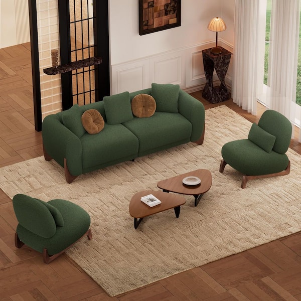 Cloud-Soft Couch 3-Piece Green Sherpa Velvet Sofa and Armless Chair with Pillow Living Room Set for Apartment