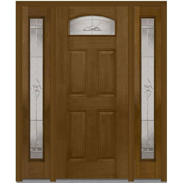 MMI Door 60 in. x 80 in. Master Nouveau Left-Hand Cambertop Decorative Fiberglass Mahogany Prehung Front Door with Sidelites