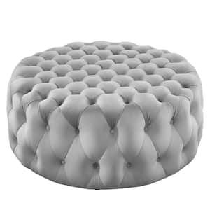 Amour Tufted Button Large Round Performance Light Gray Velvet Ottoman