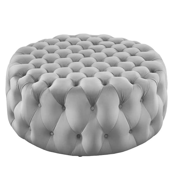 MODWAY Amour Tufted Button Large Round Performance Light Gray Velvet Ottoman