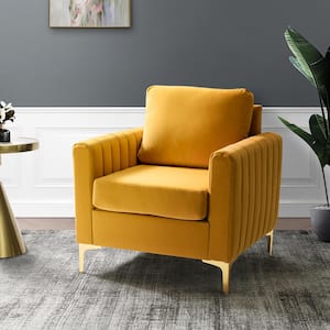 Ennomus Modern Mustard Velvet Cushion Back Club Chair with Golden Metal Legs and Track Arms