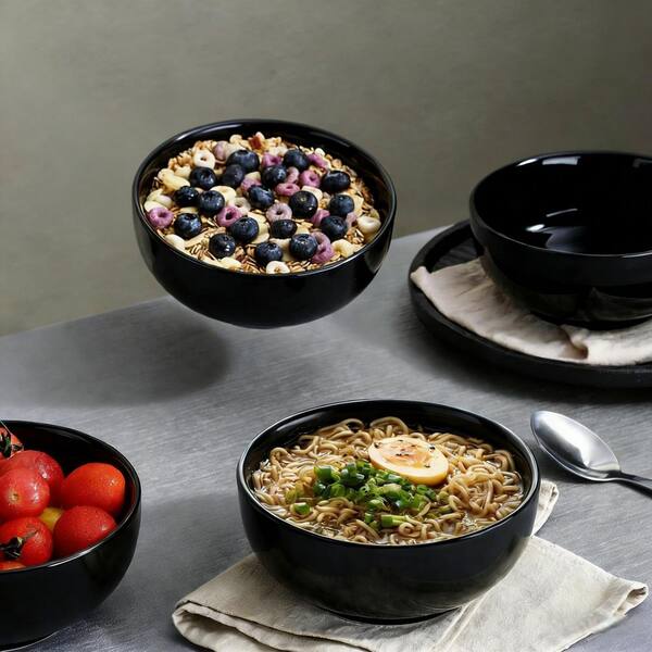 Wudkey 4-Pack 22 fl. oz. Black Ceramic Bowls, 6 in. Classic Bowls