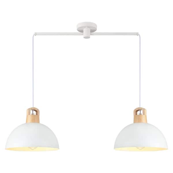 2-Light White Industrial Modern Pendant Light Chandelier with Dome Metal Shade Height Adjustable