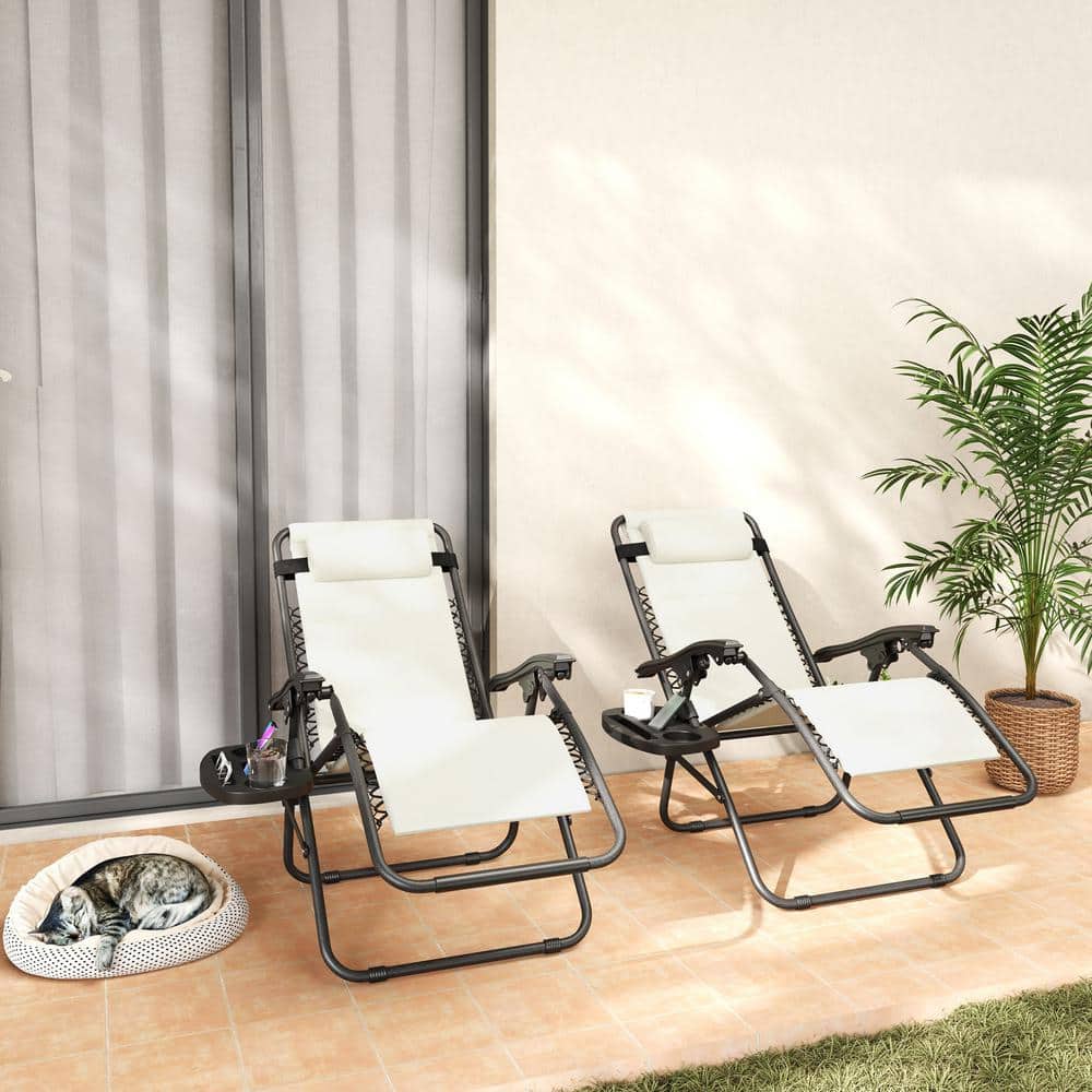 Reclining Folding Zero Gravity Metal Outdoor Lounge Chairs with Cream White