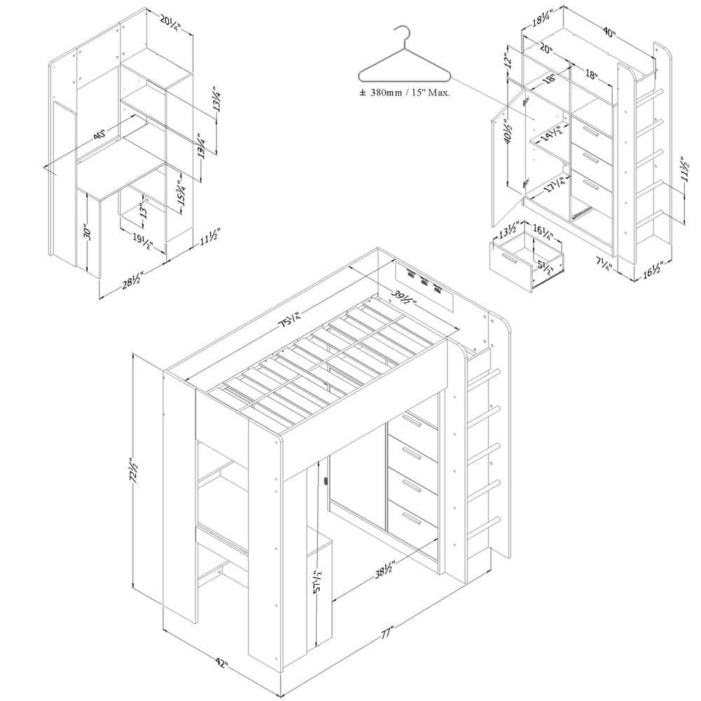 Natural Twin Loft Bed with Desk and Storage Drawers