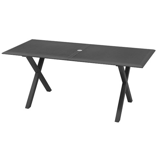 DEXTRUS 71 in. Patio Outdoor Rectangle Aluminum Outdoor Dining Table for 8-Person with Umbrella Hole